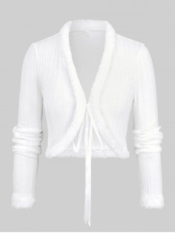 Plus Size Fluffy Trim Textured Ribbed Cropped Tie Front Cardigan - WHITE - M | US 10