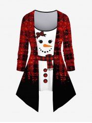 Plus Size Glitter Christmas Tree Snowman Plaid Bowknot Print Patchwork 2 in 1 Long Sleeves Top -  