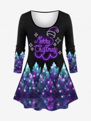 T-shirt 3D Etoile Sapin de Noël et Lettre Imprimés de Grande Taille à Paillettes - Pourpre  XS