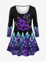 Plus Size Christmas Tree Hat Light Letters Glitter Star 3D Print Long Sleeve T-shirt -  