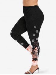 Legging Moulant 3D Bonhomme de Neige Lumière en Blocs de Couleurs Imprimé Grande Taille à Paillettes - Noir 1X