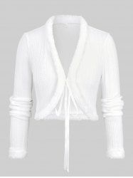 Plus Size Fluffy Trim Textured Ribbed Cropped Tie Front Cardigan -  