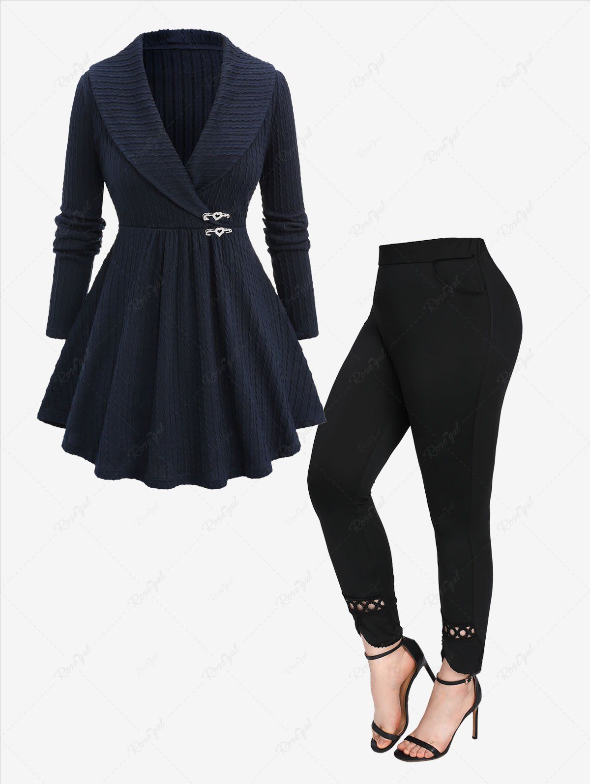 Affordable Heart Buckles Ruffles Surplice Cable Knit Sweater and Hollow Out Lace Trim Pockets Leggings Plus Size Outfit  