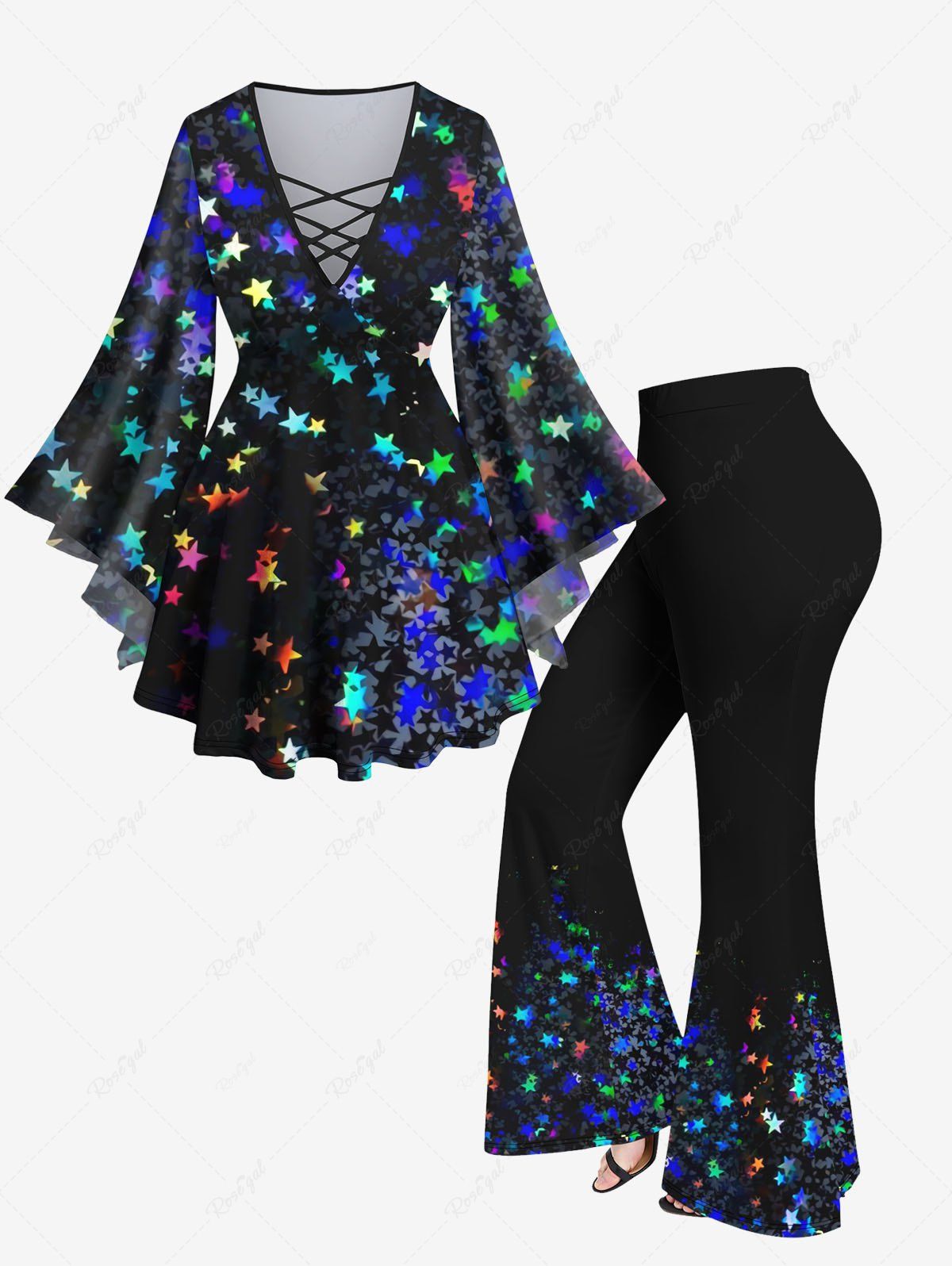 Fancy Glitter Colorful Stars Bowknot Printed Flare Sleeves Ombre Lattice Top and Flare Pants Plus Size Matching Set  