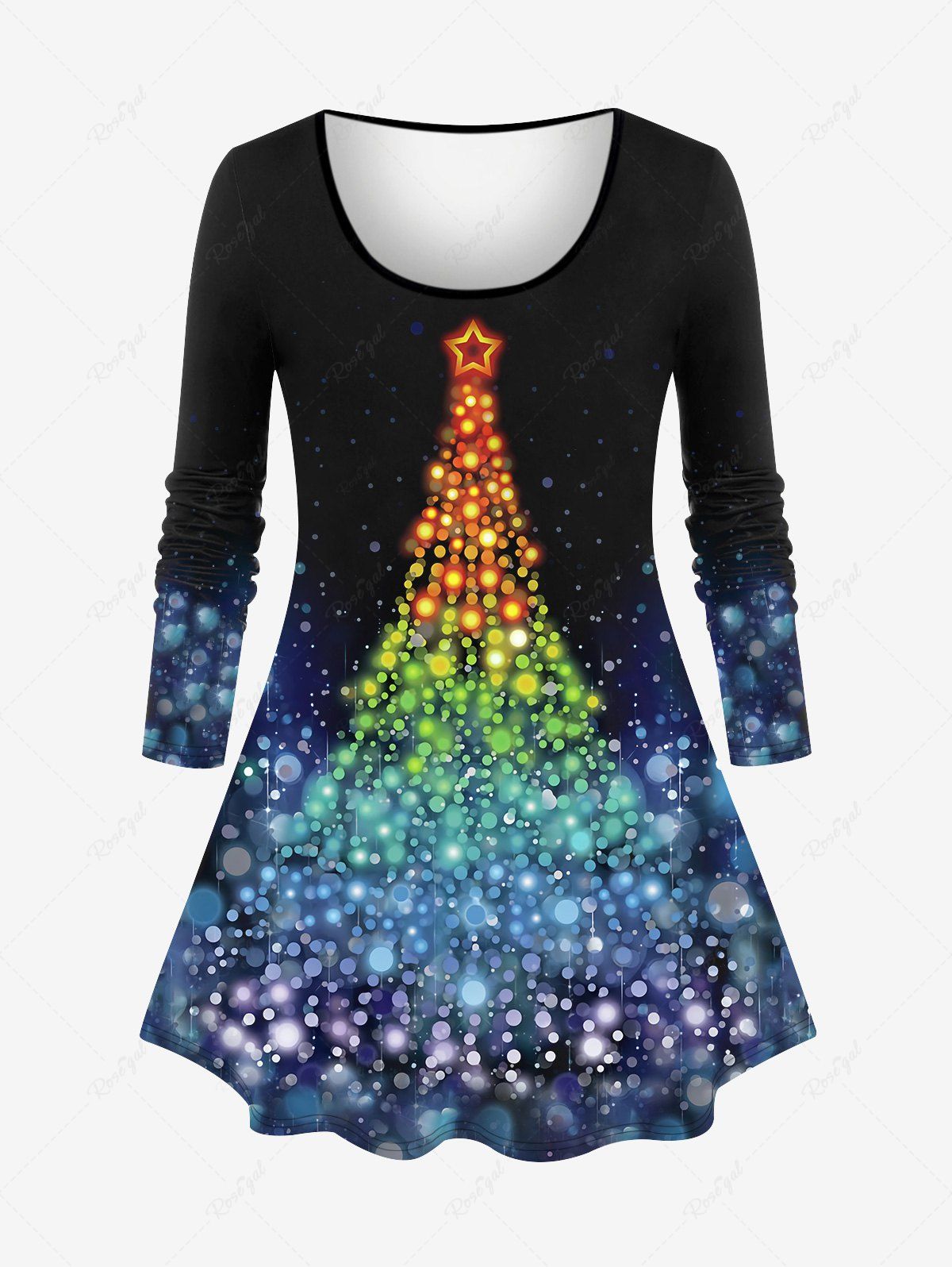 Plus Size Christmas Tree Star Bubble Sparkling Sequin Glitter 3D Print Long Sleeve T-shirt Multi-A 4X