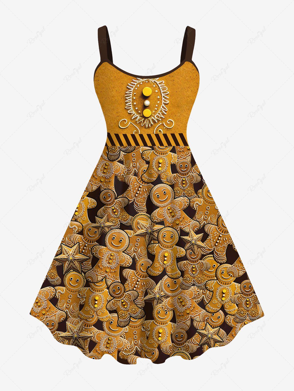 Outfit Plus Size Christmas Gingerbread Mirror Balls Print Tank Dress  