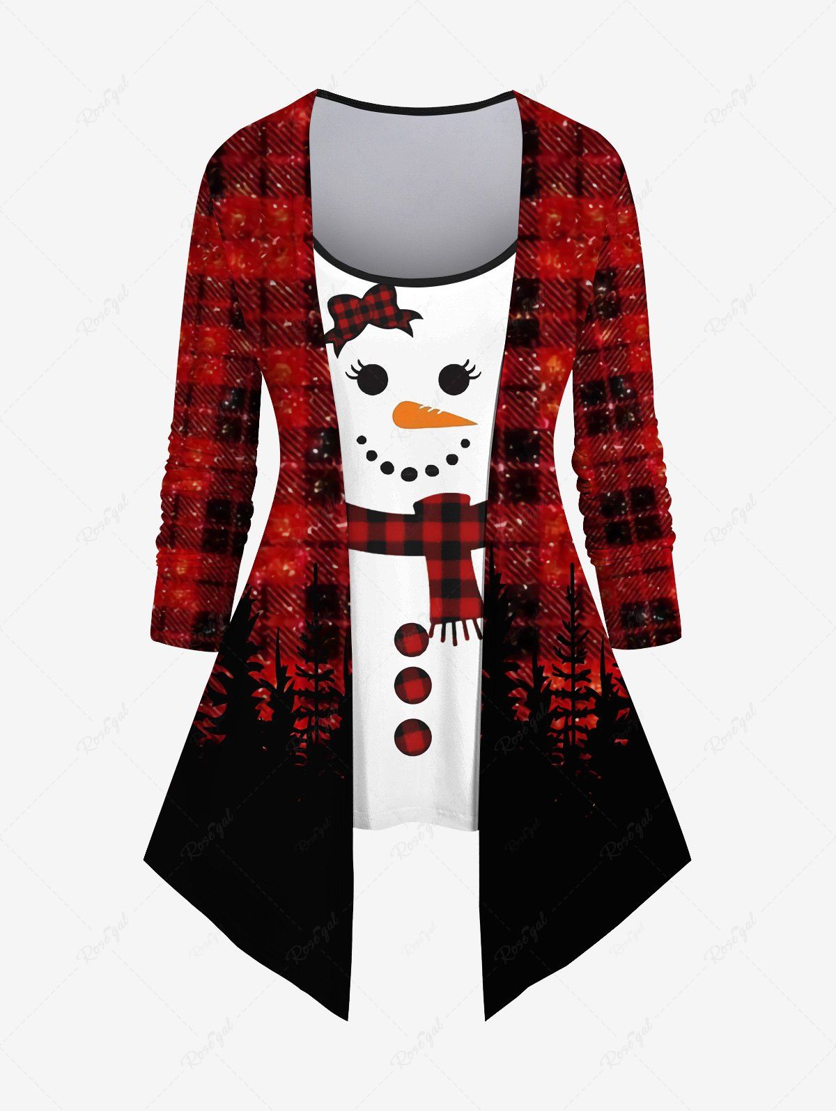 New Plus Size Glitter Christmas Tree Snowman Plaid Bowknot Print Patchwork 2 in 1 Long Sleeves Top  