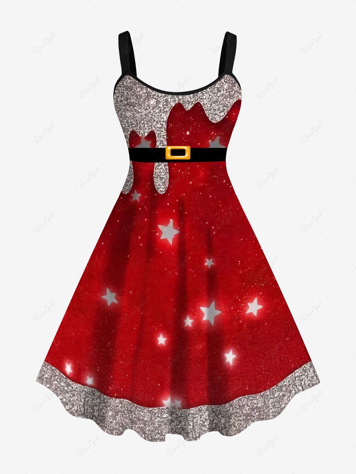 Online Plus Size 3D Glitter Galaxy Stars Sequins Belt Print Christmas A Line Tank Party Dress  