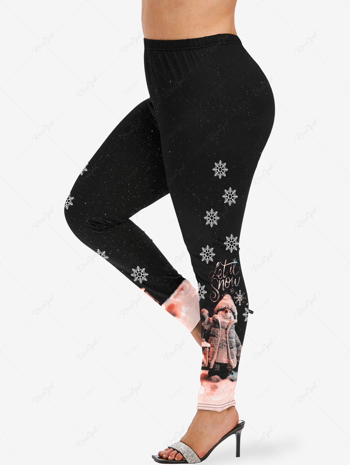 Chic Plus Size Christmas Snowman Light Snowflake Colorblock Glitter 3D Print Leggings  
