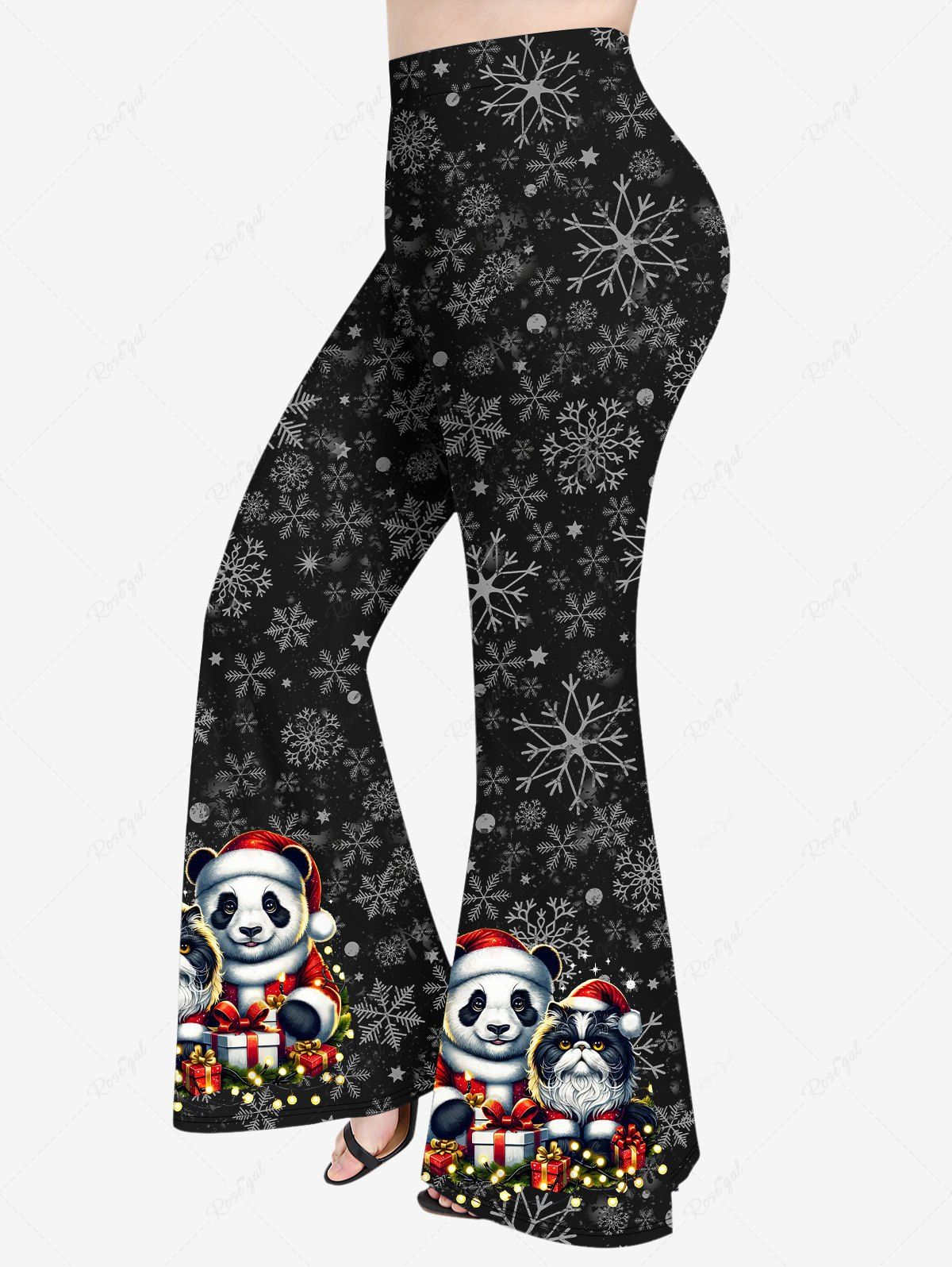Chic Plus Size Christmas Hat Light Panda Cat Snowflake Glitter 3D Print Flare Pants  