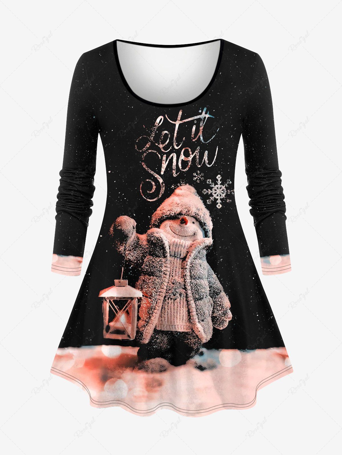 T-shirt Brillant 3D Flocon de Neige et Bonhomme de Neige de Noël Imprimé de Grande Taille à Manches Longues Noir 5X