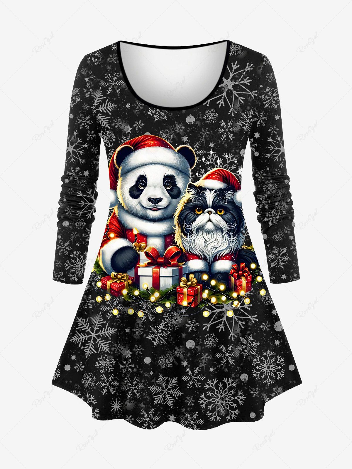 Discount Plus Size Christmas Hat Panda Cat Light Glitter 3D Print Long Sleeve T-shirt  