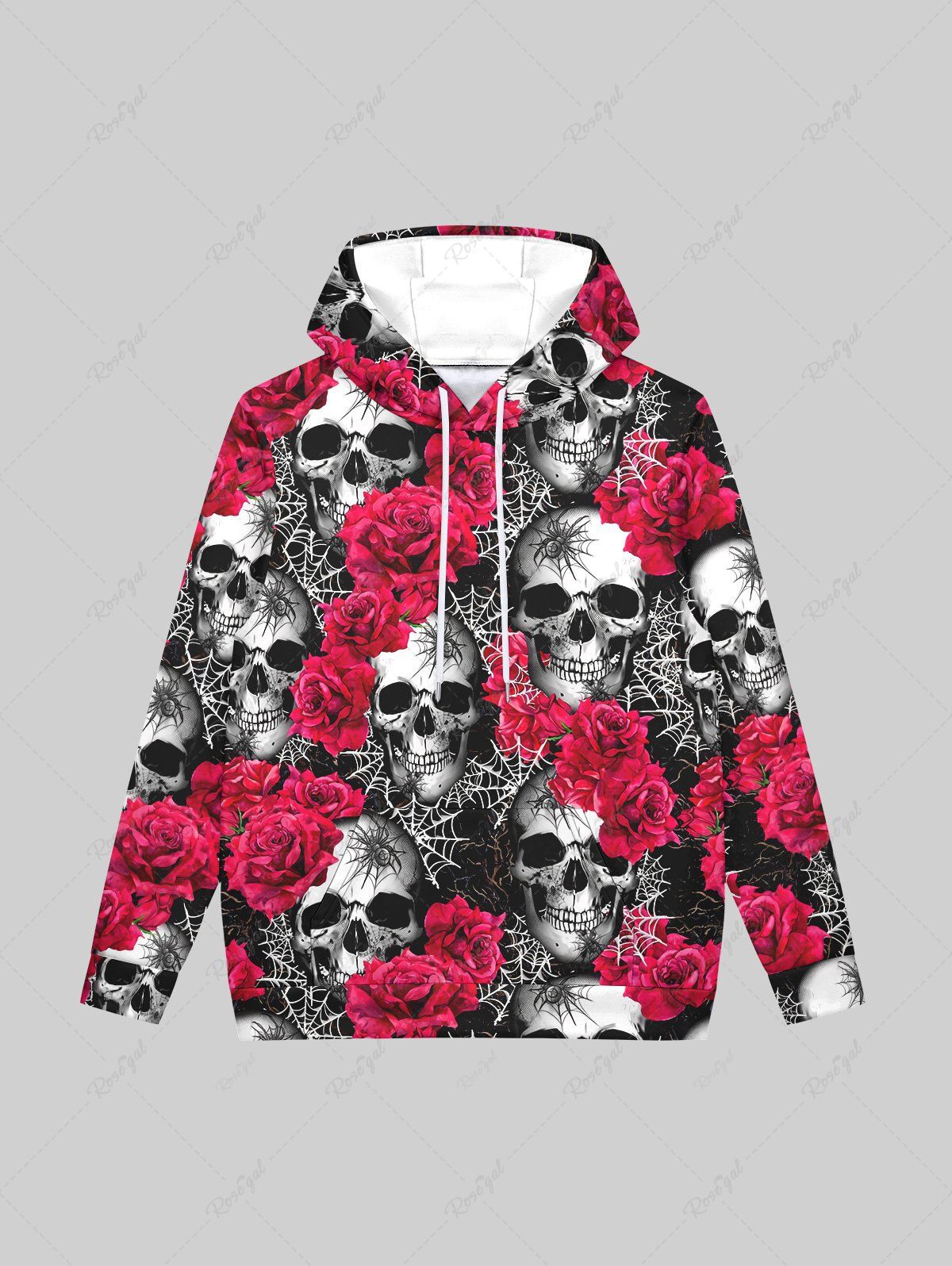 Fancy Gothic Skulls Rose Flower Spider Web Print Fleece Lining Drawstring Hoodie For Men  