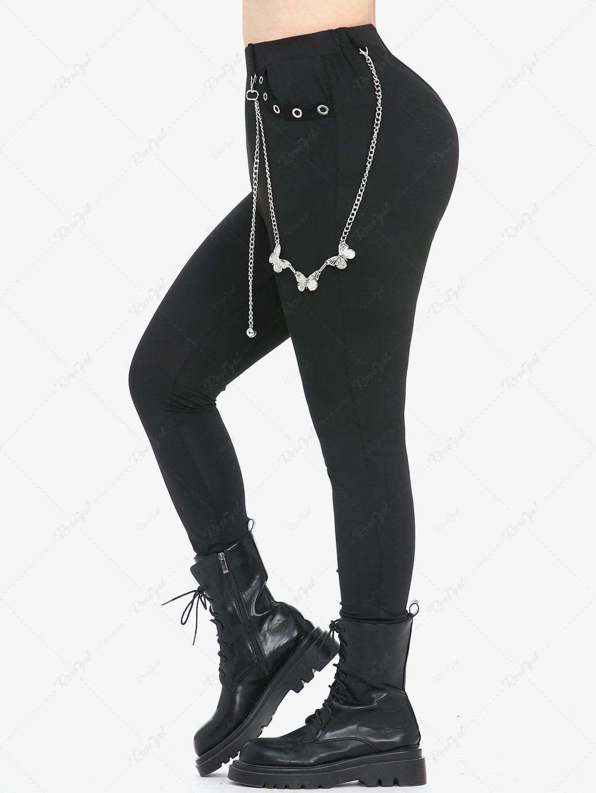 Plus Size Pockets Grommets Butterfly Chains Leggings [48% OFF