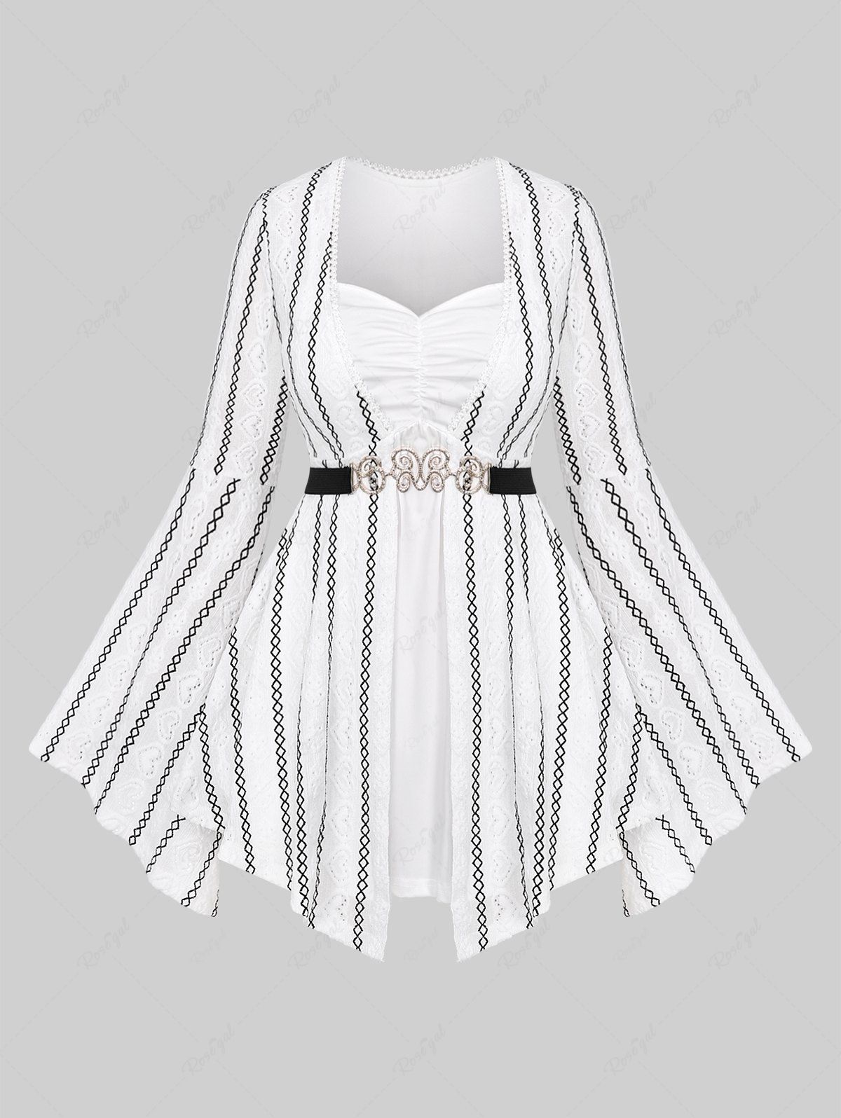 Chic Plus Size Bell Sleeves Hollow Out Heart Rhombus Black and White Striped Ruched Patchwork 2 in 1 Top with Butterfly Buckle Belt  