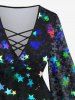 Glitter Colorful Stars Bowknot Printed Flare Sleeves Ombre Lattice Top and Flare Pants Plus Size Matching Set -  