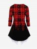 Plus Size Glitter Christmas Tree Snowman Plaid Bowknot Print Patchwork 2 in 1 Long Sleeves Top -  