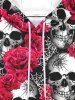 Gothic Skulls Rose Flower Spider Web Print Fleece Lining Drawstring Hoodie For Men -  