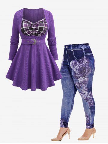 Ruched Ruffles Plaid Ribbed Belt T-shirt and High Rise Floral Gym 3D Jeggings Plus Size Outfit - PURPLE