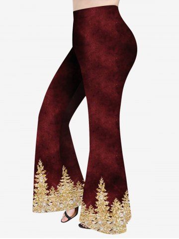 Plus Size Glitter Christmas Tree Print Ombre Pull On Flare Pants - DEEP RED - S