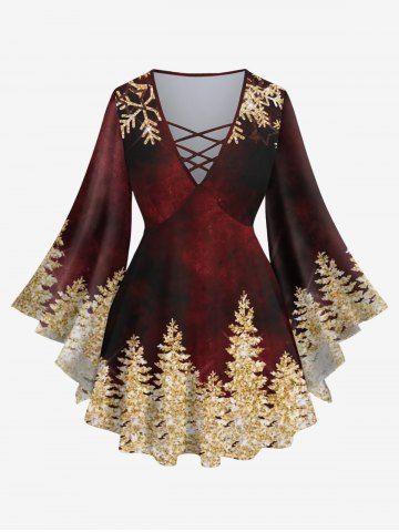 Plus Size Flare Sleeves Glitter Christmas Tree Snowflake Print Ombre Lattice Top - DEEP RED - XS