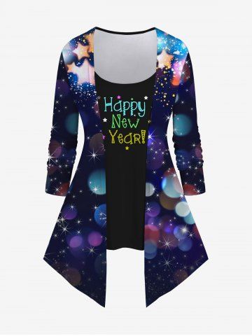 Plus Size Glitter Sparkling Colorful Stars Light Beam Bubble Letters Print Ombre Patchwork 2 in 1 Long Sleeves T-shirt - MULTI-A - S