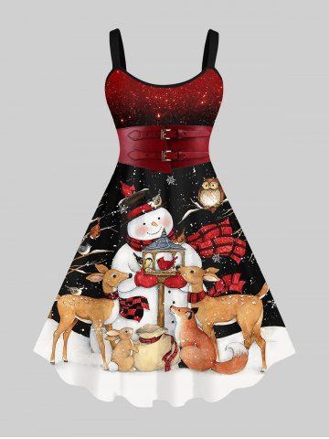 Plus Size Christmas Snowflake Elk Rabbit Dog Snowman Star Glitter Buckle Belt 3D Print Tank Dress - MULTI-A - 4X