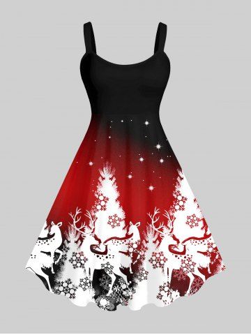 Plus Size Christmas Tree Elk Snowflake Colorblock Ombre Star Glitter 3D Print Tank Dress - DEEP RED - 6X