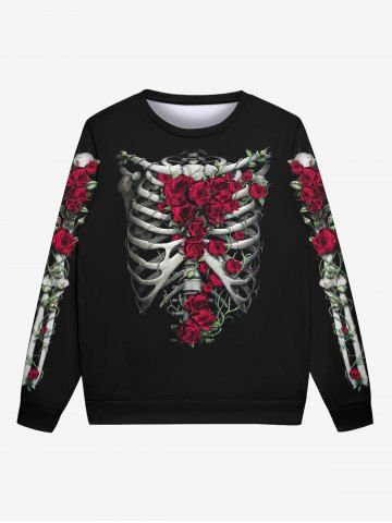 Gothic Skeleton Rose Flower Print Crew Neck Sweatshirt For Men - BLACK - 2XL