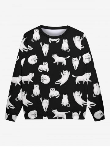 Gothic Cute White Cats Print Crew Neck Sweatshirt For Men - BLACK - XL