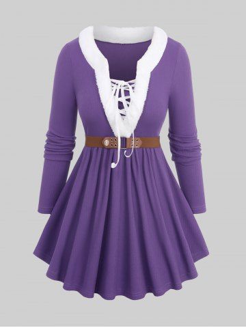 Plus Size Fluffy Trim Lace Up Textured Ribbed Sweater with Grommets Belt - PURPLE - M | US 10