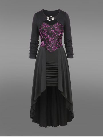 Robe Ligne A Gothique Haute Basse Panneau Fleuri à Bretelle Bouclée et Haut Court - BLACK - S | US 8