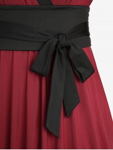 Plus Size Surplice Ruffles Bishop Sleeve A Line Chinese Style Dress with Bowknot Tie Belt