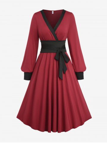 Plus Size Surplice Ruffles Bishop Sleeve A Line Chinese Style Dress with Bowknot Tie Belt - DEEP RED - 1X | US 14-16