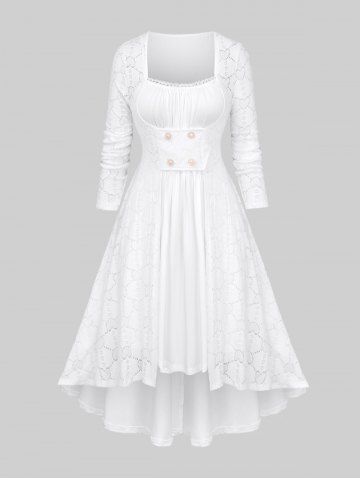 Plus Size Ruched Lace Trim Hollow Out Heart Textured Faux Pearl Buttons High Low 2 In 1 Dress