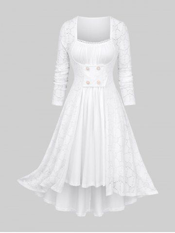 Plus Size Ruched Lace Trim Hollow Out Heart Textured Faux Pearl Buttons High Low 2 In 1 Dress - WHITE - L | US 12
