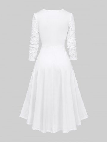 Plus Size Ruched Lace Trim Hollow Out Heart Textured Faux Pearl Buttons High Low 2 In 1 Dress