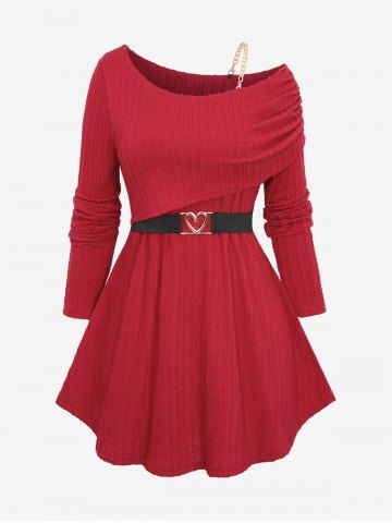 Plus Size One Shoulder Textured Ribbed Cinched Solid Long Sleeves Knit Top with Removeble Chain and Heart Buckle Belt - DEEP RED - M | US 10