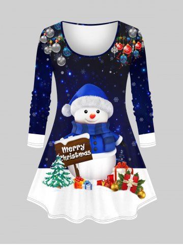 T-shirt Brillant 3D Boule Bonhomme de Neige et Etoile Imprimés à Manches Longues Grande Taille - DEEP BLUE - S