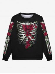 Gothic Skeleton Rose Flower Print Crew Neck Sweatshirt For Men -  