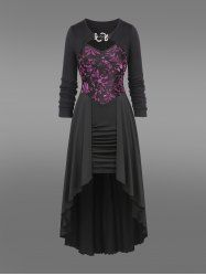 Gothic Floral Flocking Ruched Ruffles High Low Patchwork A Line Cami Dress and Snake Buckle Crop Top Set -  