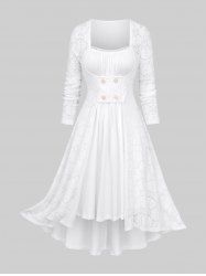 Plus Size Ruched Lace Trim Hollow Out Heart Textured Faux Pearl Buttons High Low 2 In 1 Dress -  