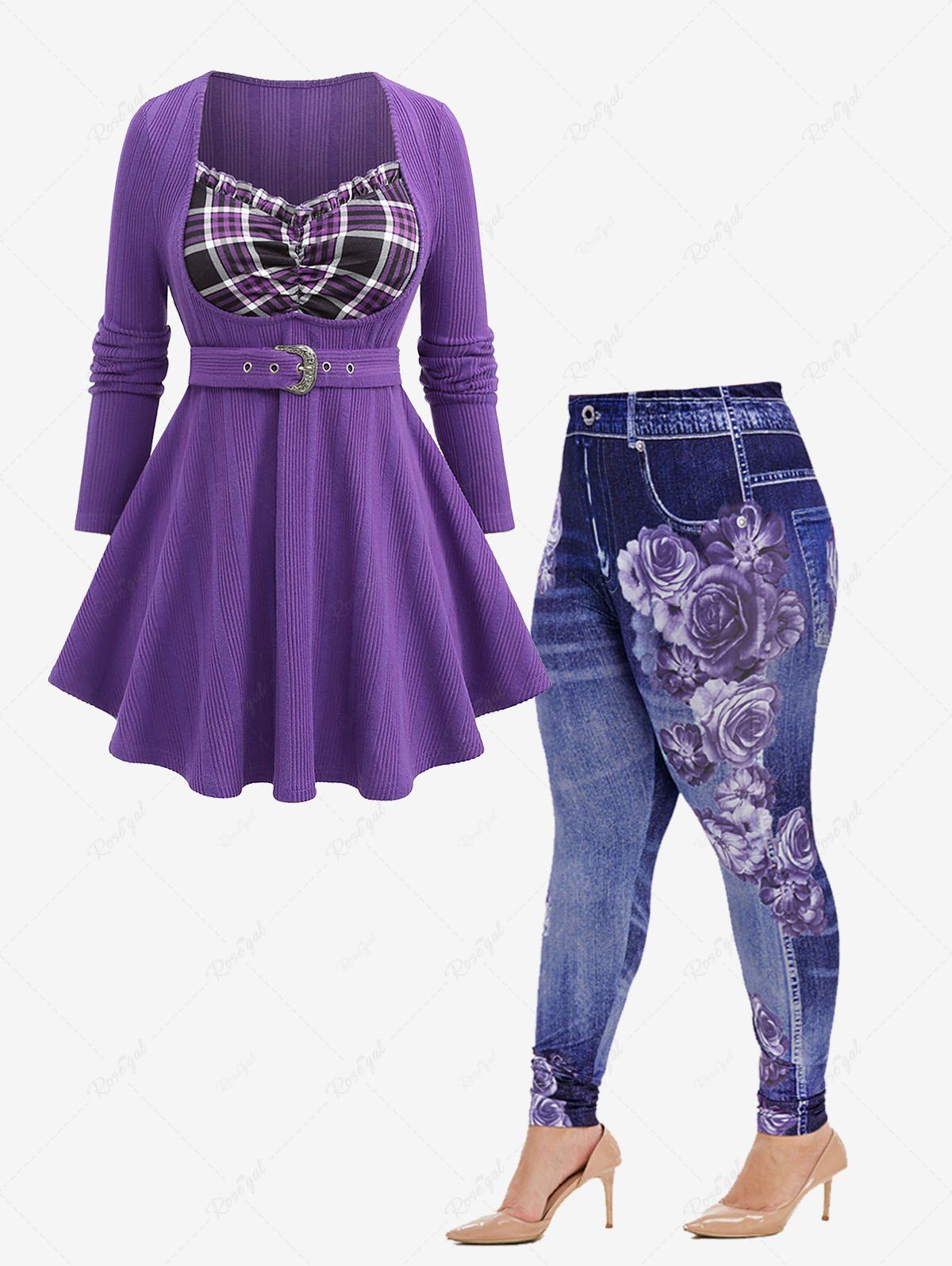 Outfits Ruched Ruffles Plaid Ribbed Belt T-shirt and High Rise Floral Gym 3D Jeggings Plus Size Outfit  