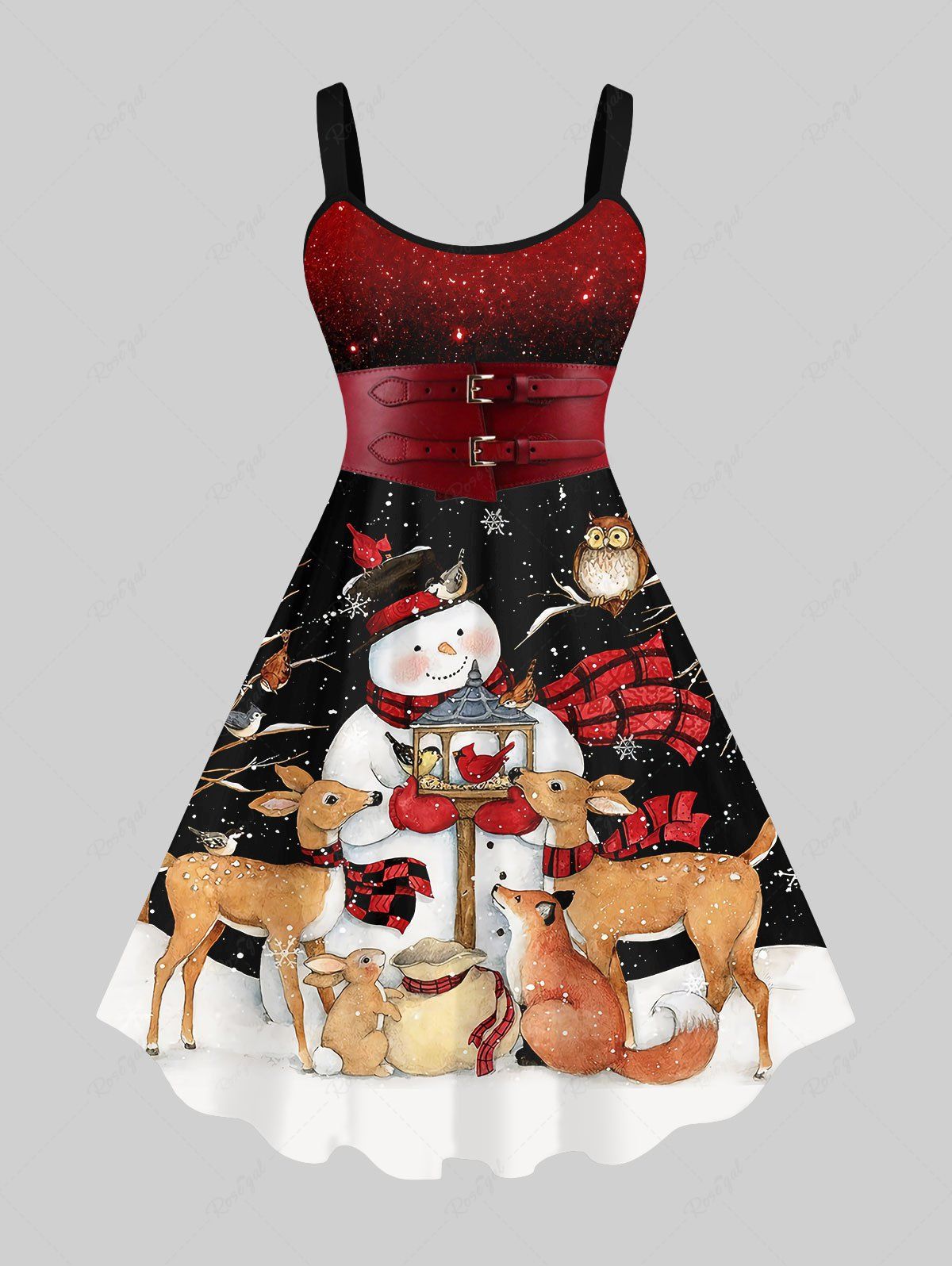 Cheap Plus Size Christmas Snowflake Elk Rabbit Dog Snowman Star Glitter Buckle Belt 3D Print Tank Dress  