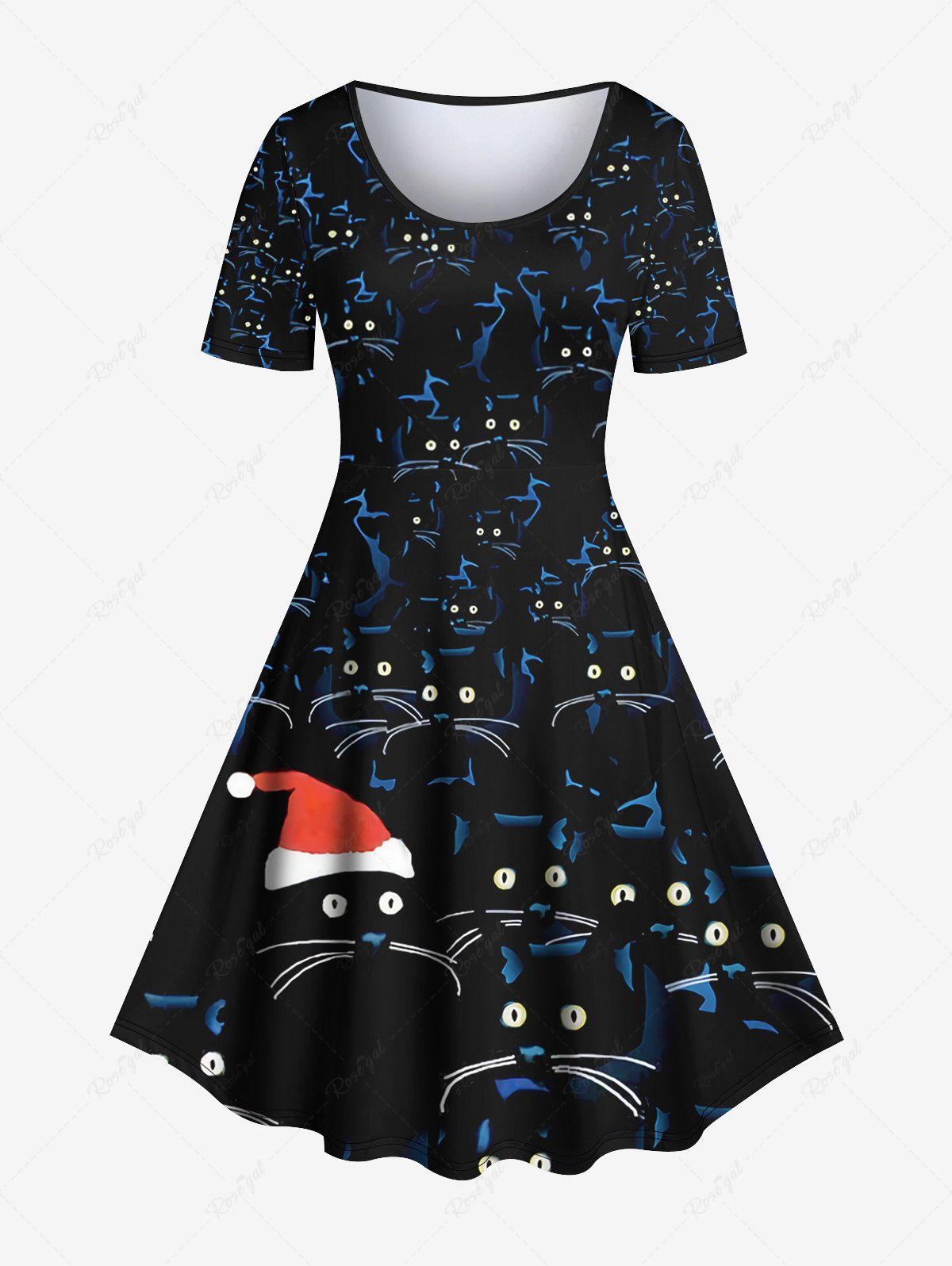 Chic Plus Size 3D Christmas Hat Cats Beard Glitter Eye Print Short Sleeves A Line Dress  