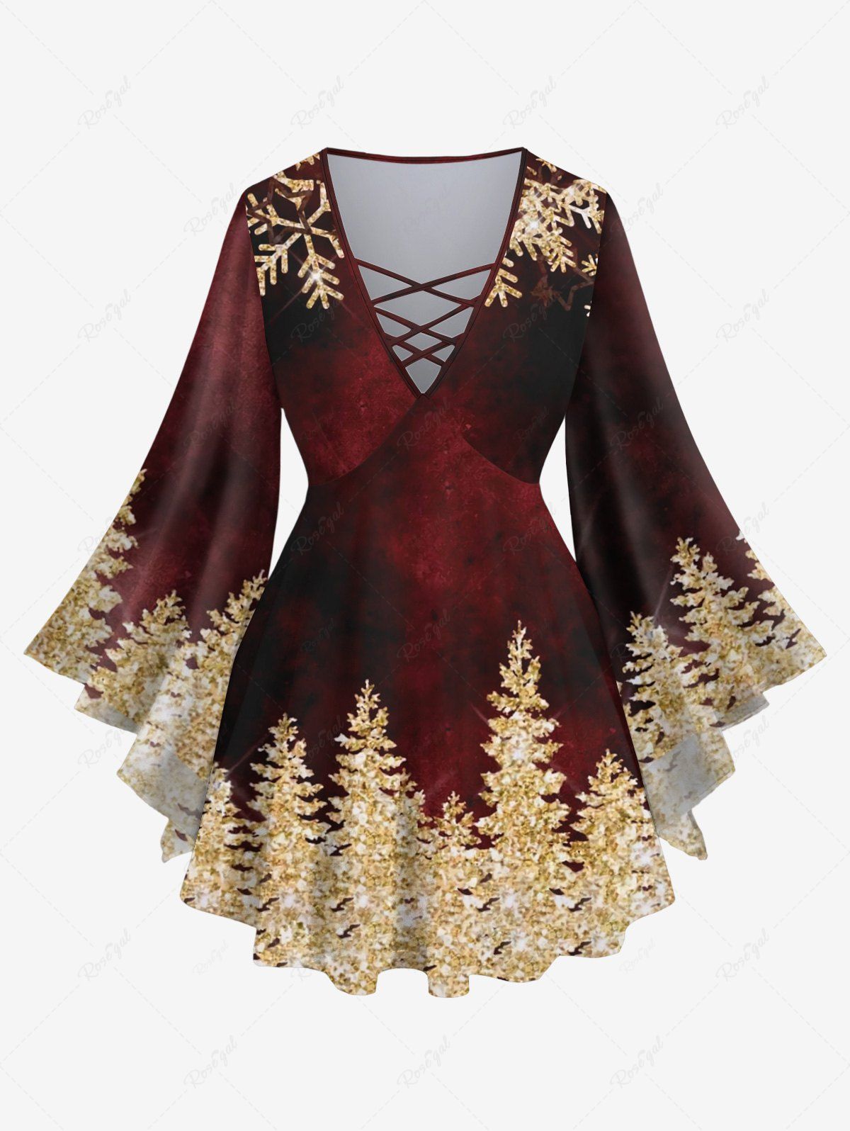 Online Plus Size Flare Sleeves Glitter Christmas Tree Snowflake Print Ombre Lattice Top  