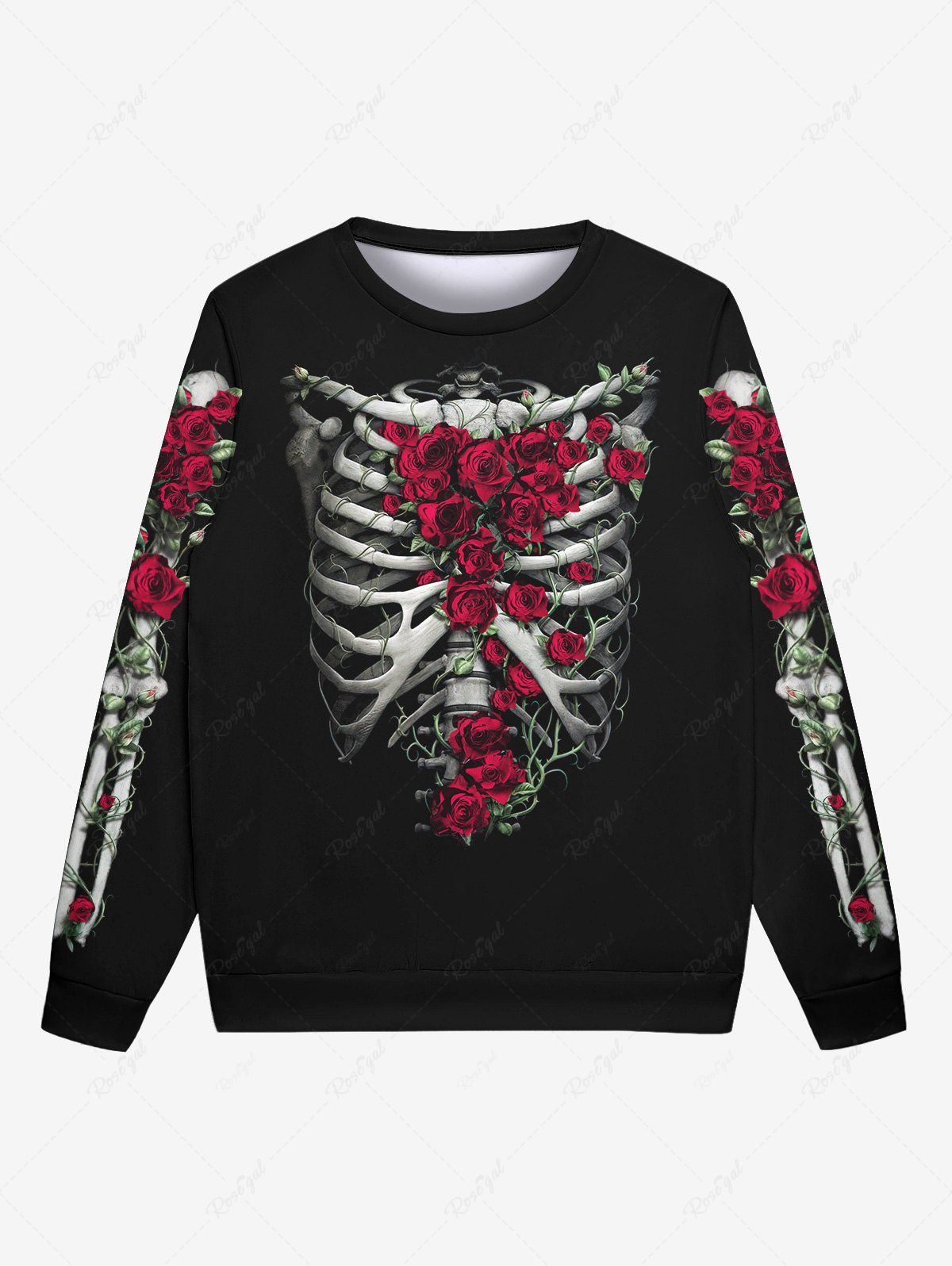 Hot Gothic Skeleton Rose Flower Print Crew Neck Sweatshirt For Men  