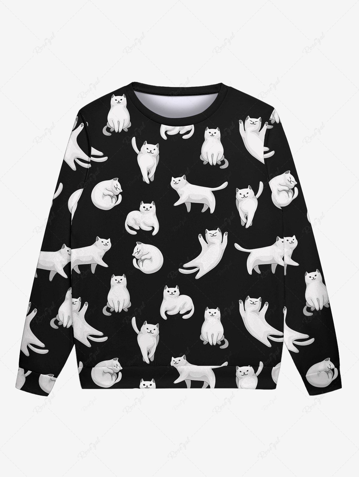 Cheap Gothic Cute White Cats Print Crew Neck Sweatshirt For Men  