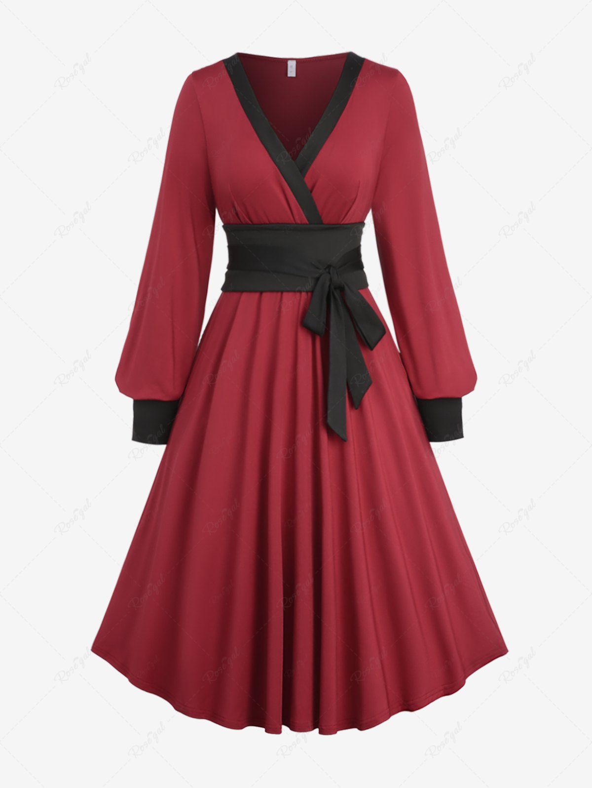 Trendy Plus Size Surplice Ruffles Bishop Sleeve A Line Chinese Style Dress with Bowknot Tie Belt  
