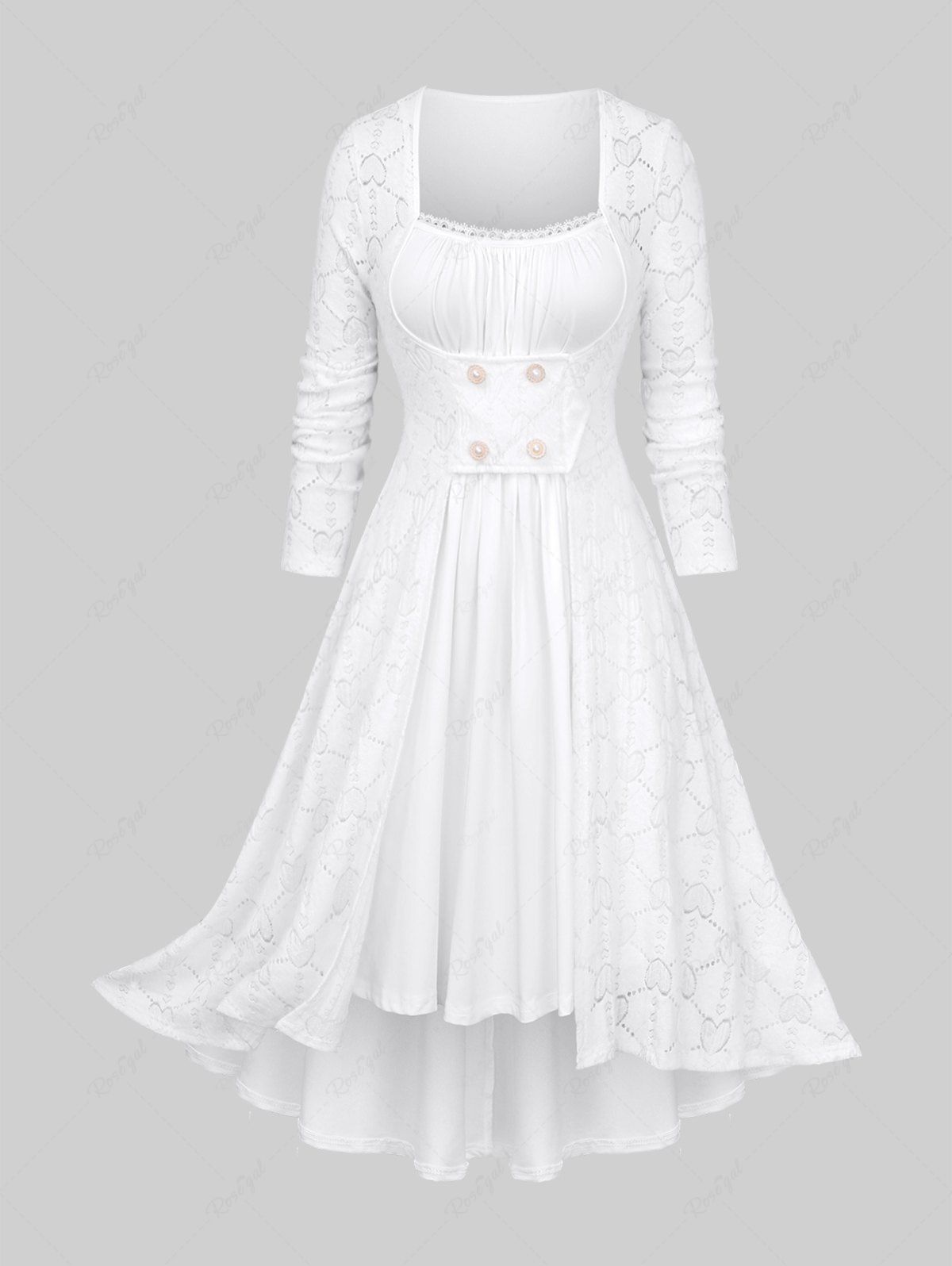 Hot Plus Size Ruched Lace Trim Hollow Out Heart Textured Faux Pearl Buttons High Low 2 In 1 Dress  